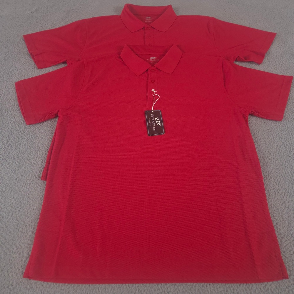 LOT OF 2 UltraClub Polo Shirt Mens L Red Cool & Dry Pebble Knit Performance Golf